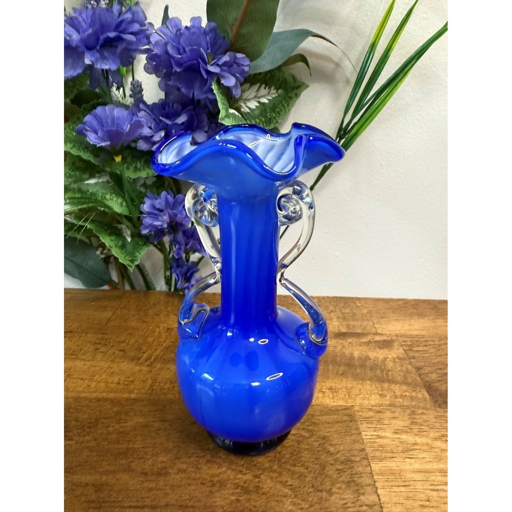 Vintage‎ Cobalt Blue Art Glass Vase Ruffled Rim Clear Handles MCM Collectible